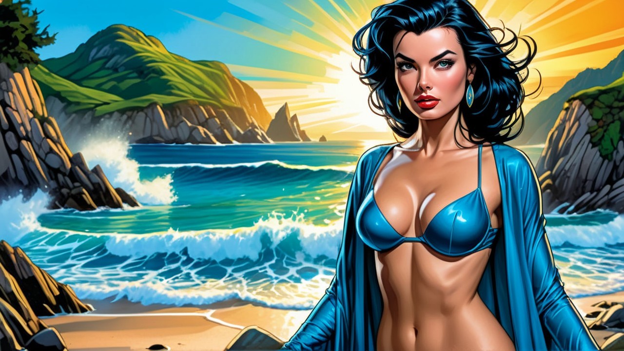 Confident Woman in Blue Bikini on Serene Beach