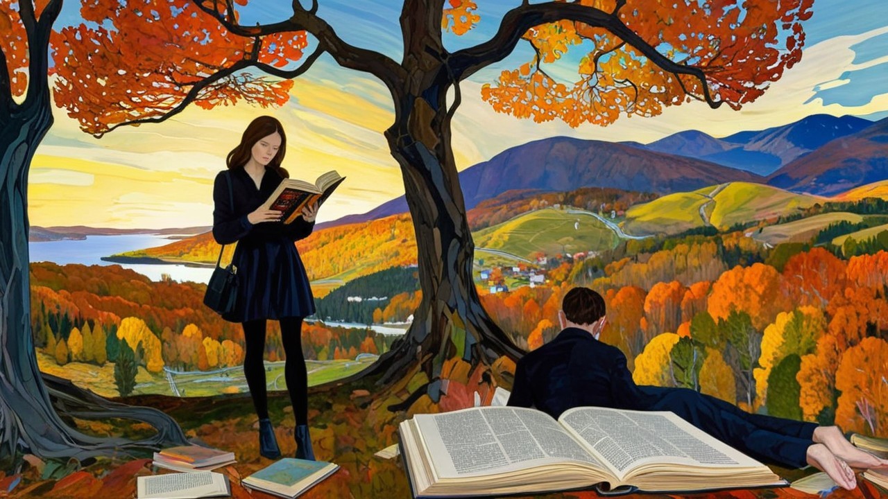 Autumn Landscape with Readers Under a Colorful Tree