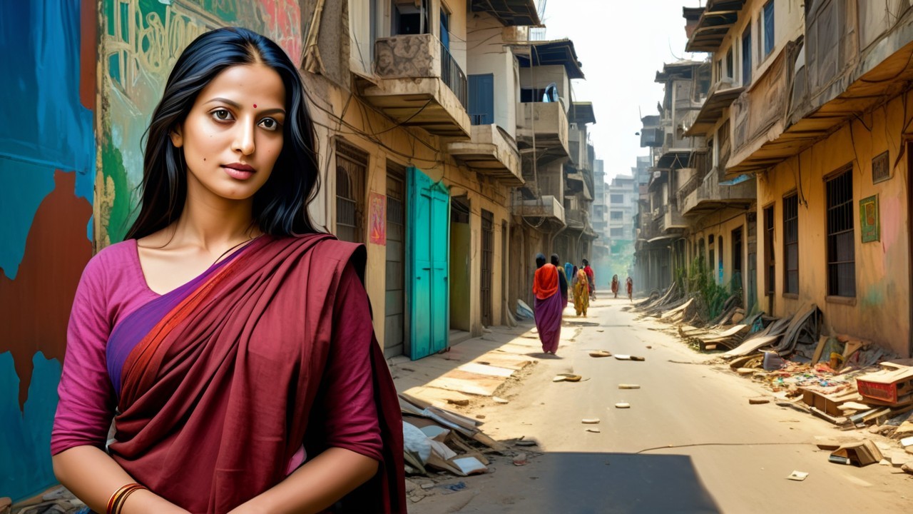 Young Woman in Maroon Sari on Dusty Urban Street
