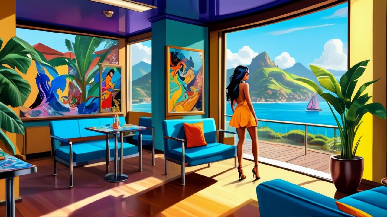 Sunlit Room with Views of Blue Waters and Mountains