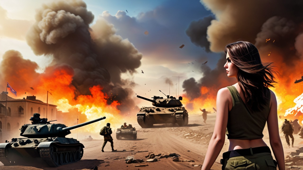 Dramatic Battlefield Scene with Military Action and Chaos
