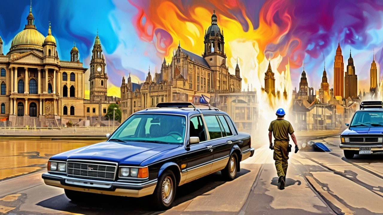 Dramatic city skyline with vibrant flames and smoke