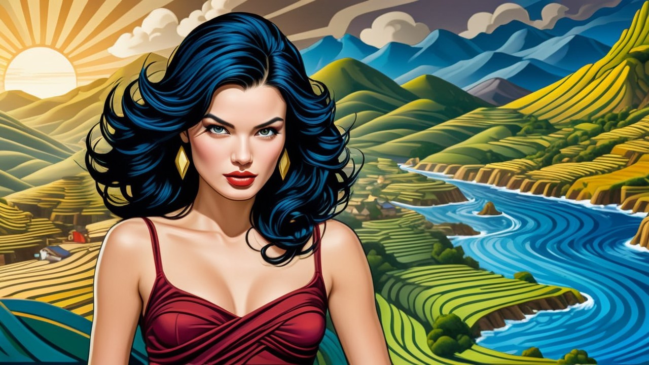 Confident Woman in Red Dress Against Scenic Landscape