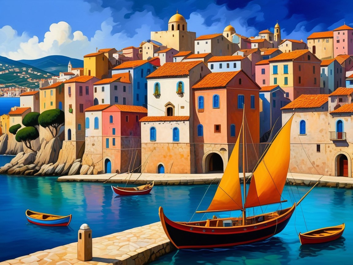 Vibrant Coastal Scene with Colorful Houses and Boats
