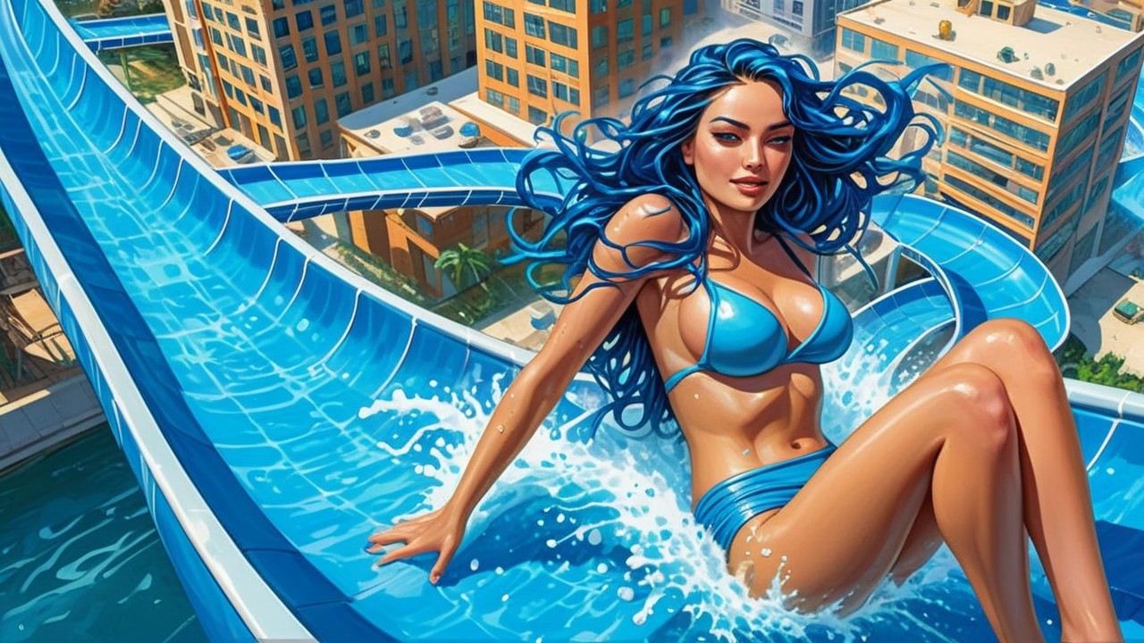 Young woman with blue hair on a water slide