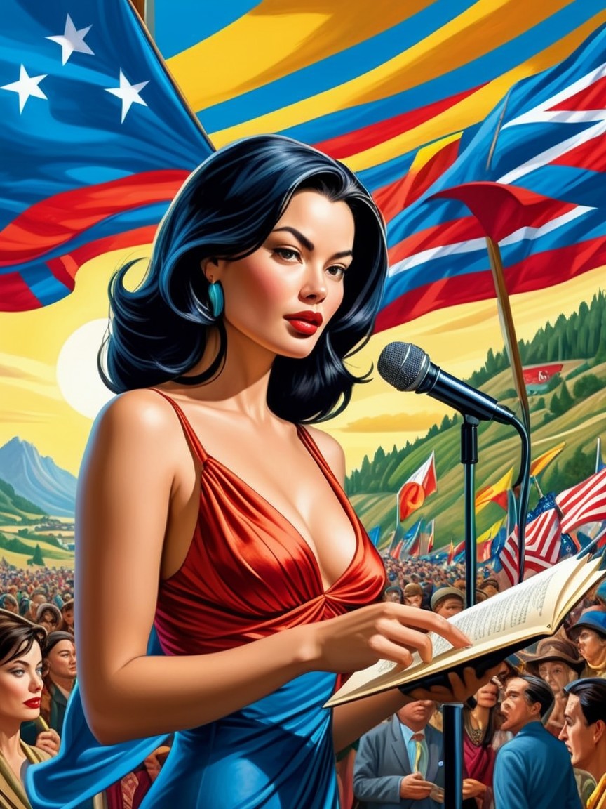 Confident Woman Speaking at Microphone in Red Dress