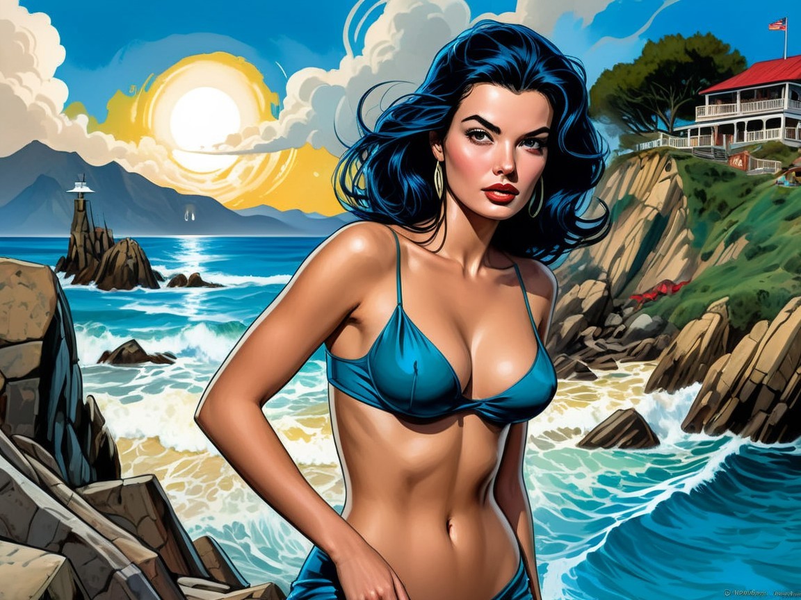 Confident Woman in Blue Bikini on Rocky Shoreline