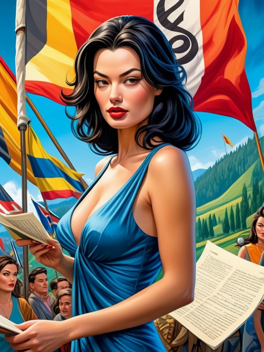 Confident Woman in Blue Dress Amidst Vibrant Landscape