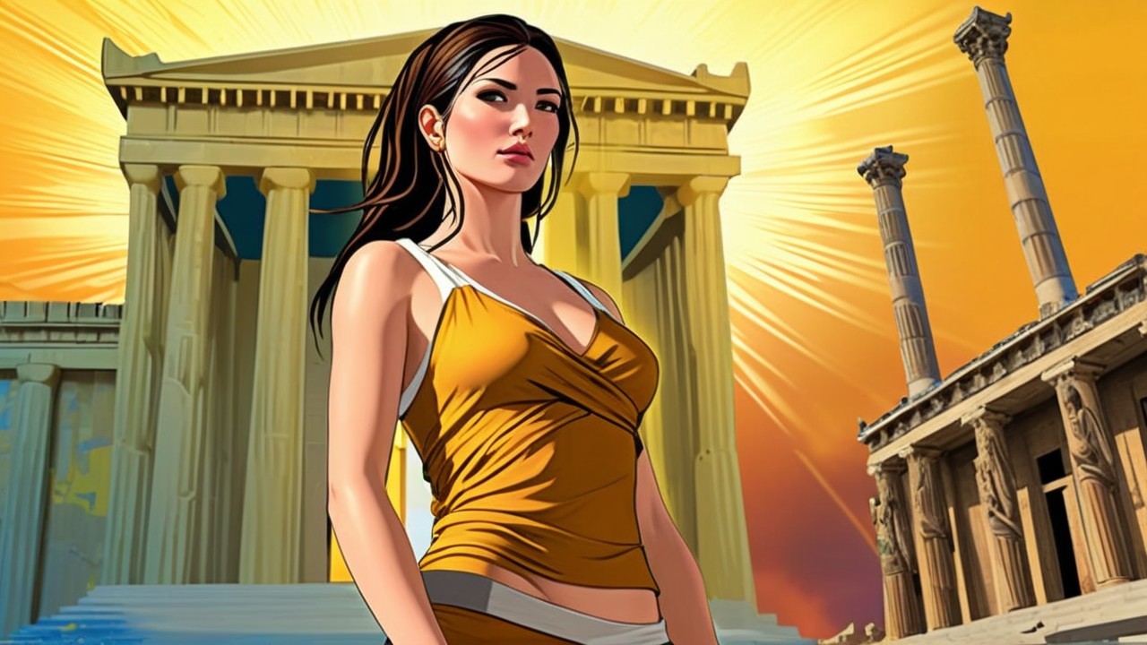Stylized Female Character Against Greek Architecture