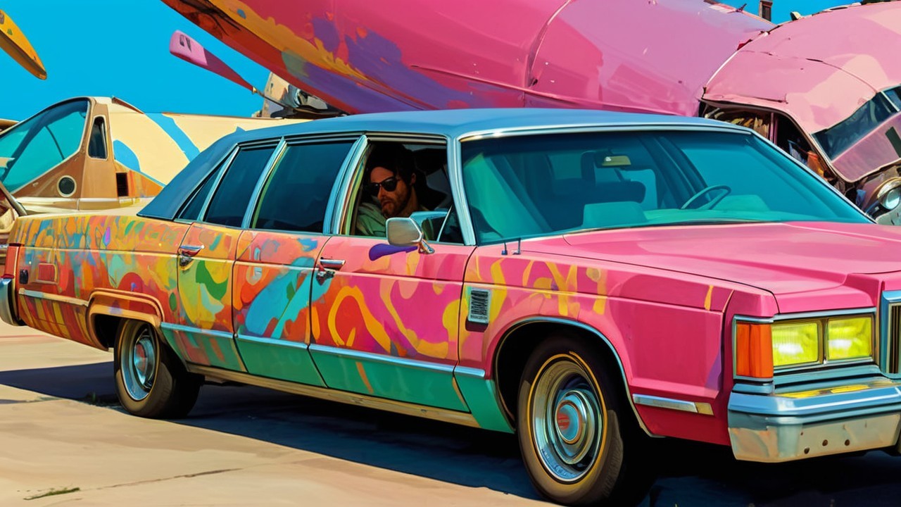 Vintage Car with Psychedelic Patterns in Junkyard