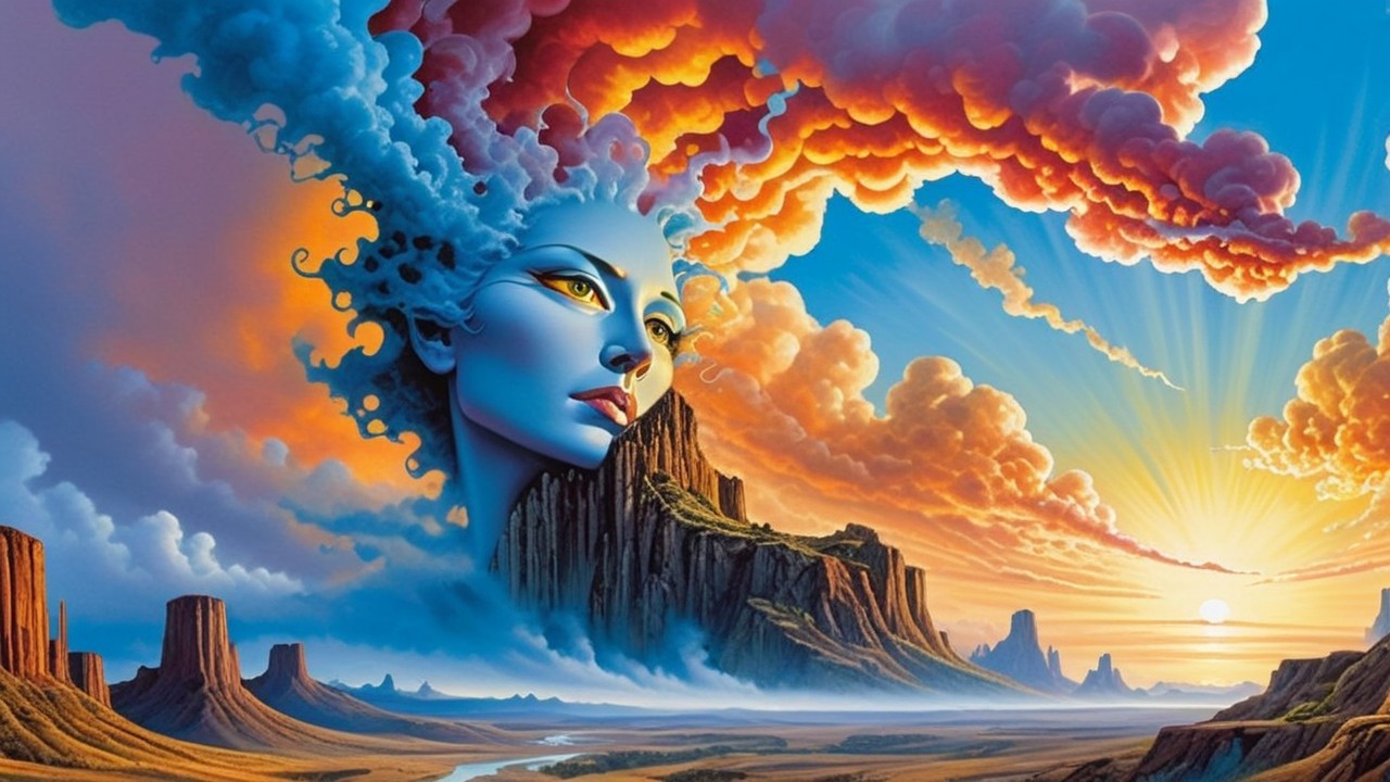 Surreal Landscape with Blue-Faced Woman and Sunset Sky