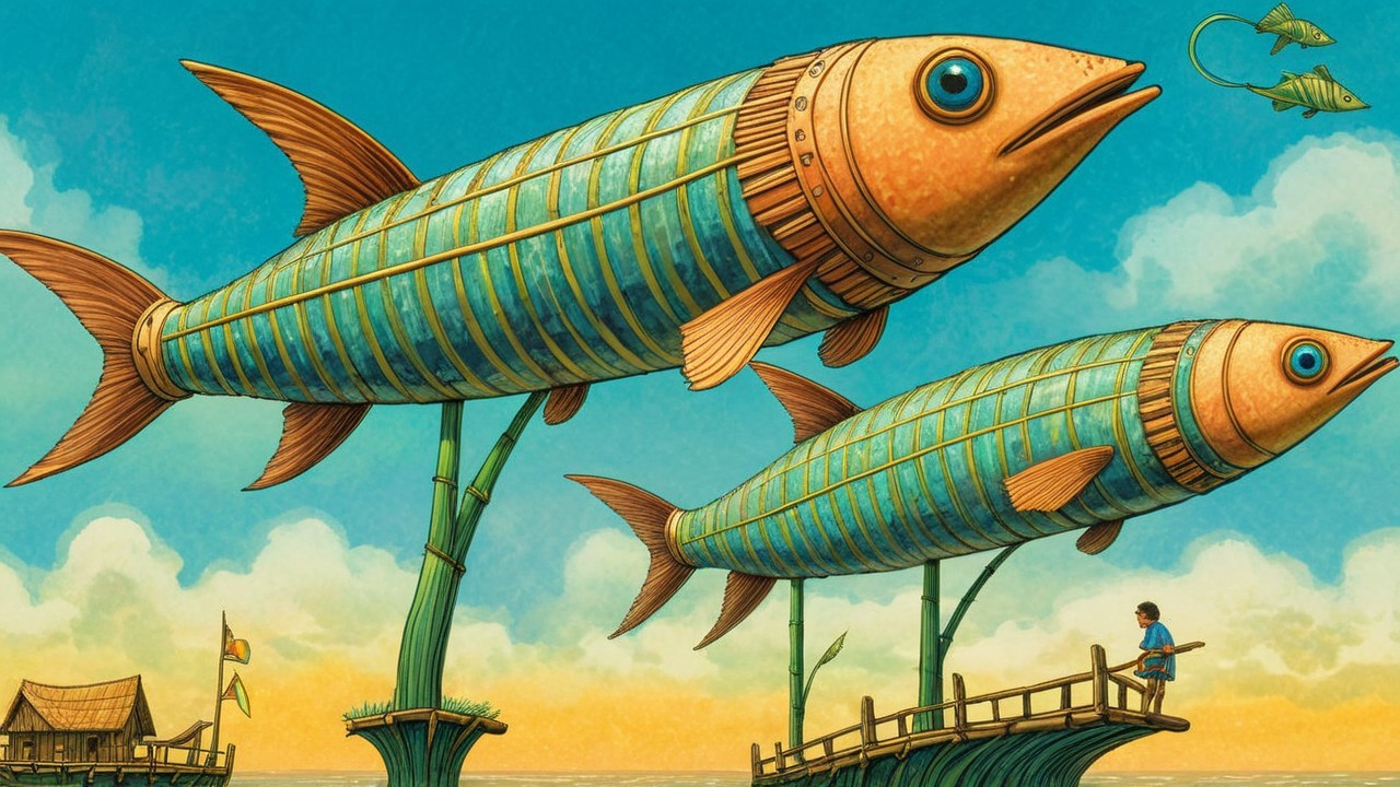 Fish-Shaped Airships Above a Tranquil Sea Scene