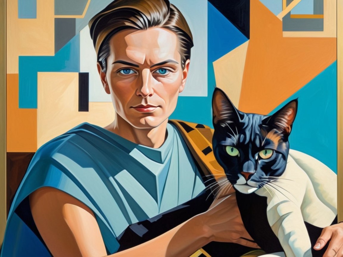 Portrait of a Person with Cat and Geometric Background