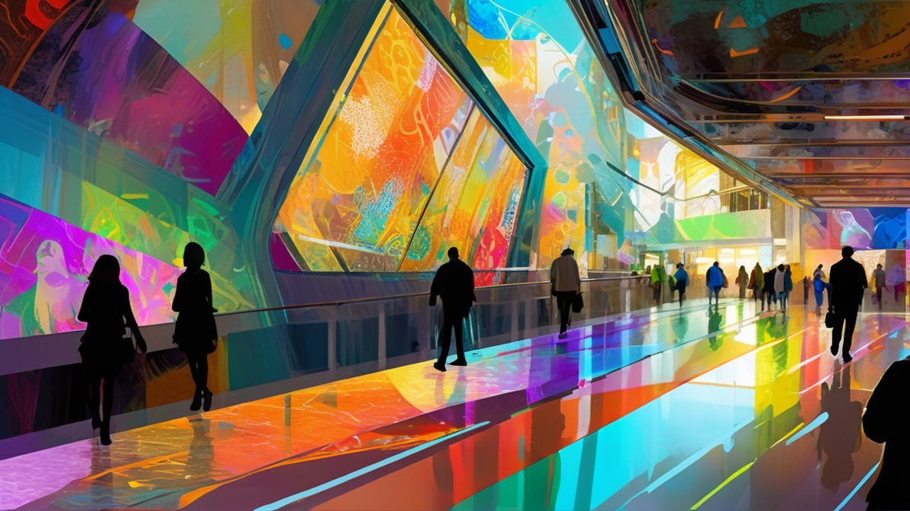 Futuristic corridor with colorful light patterns and panels