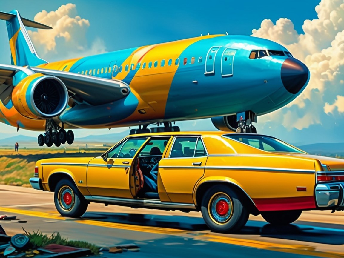 Surreal Scene of Classic Car and Oversized Airplane