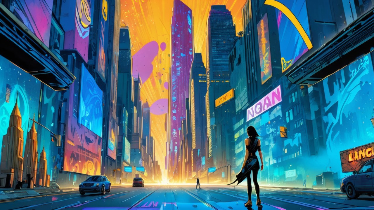 Futuristic cityscape with vibrant orange and blue hues