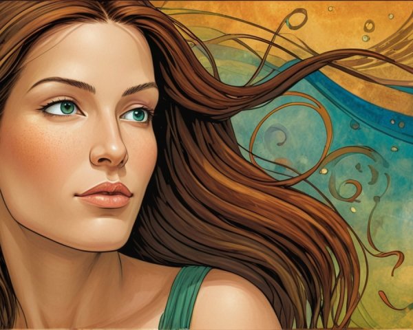 Illustration of a woman with flowing hair and vibrant background