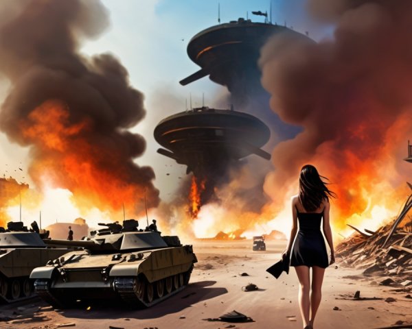 Lone Woman in Black Dress Amidst Dystopian Chaos