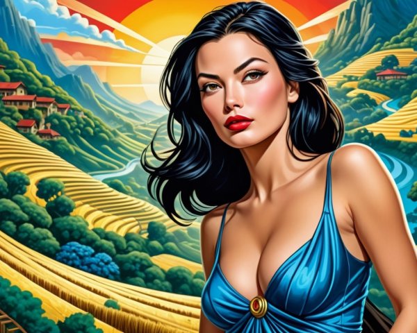 Portrait of a woman in blue dress with sunset backdrop