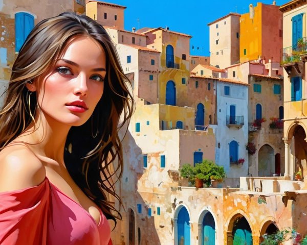 Digital Painting of Woman in Mediterranean Town