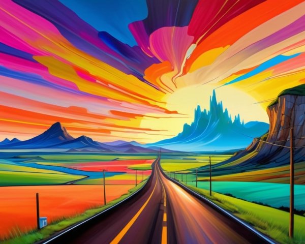 Vibrant Landscape with Winding Road and Sunset Sky