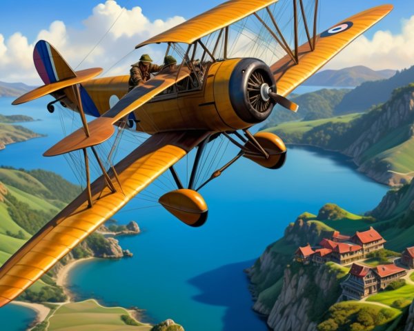 Vintage Biplane Over Scenic Hills and Lake