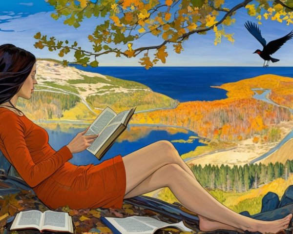 Serene landscape with woman reading under a tree