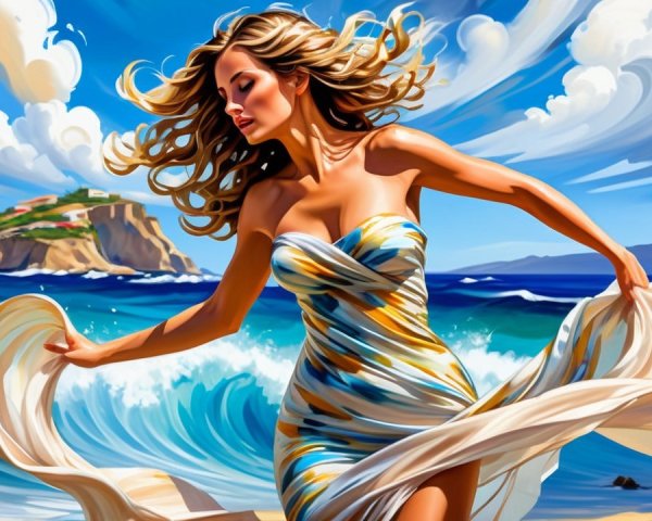 Glamorous Woman Dancing on Beach with Vibrant Dress
