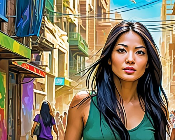 Vibrant Urban Street Scene with Colorful Shopfronts