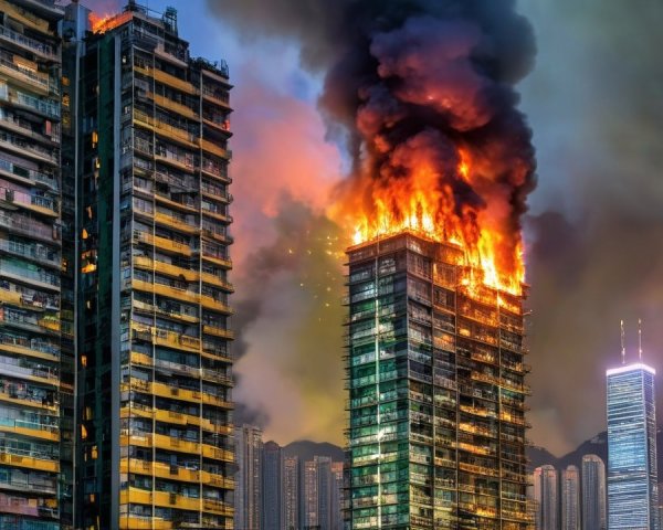 Urban Fire Scene with Skyscrapers and Smoke