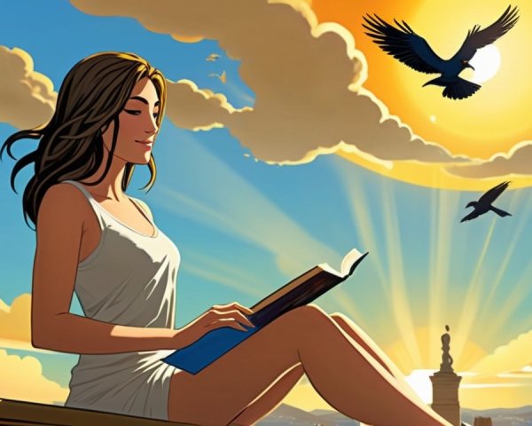 Woman Reading on Rooftop Under Golden Sunset Glow