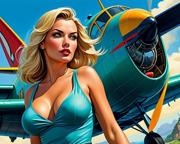 Glamorous Woman in Turquoise by Retro Airplane