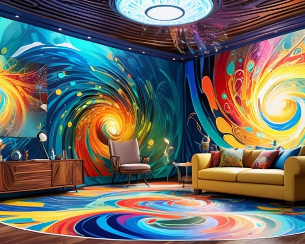 Vibrant Lounge Room with Colorful Swirling Patterns