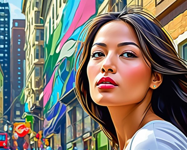Stylish Woman in Urban Scene with Colorful Backdrop