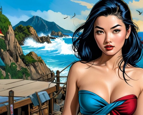 Vibrant Beach Scene with Coastal Cliffs and Swimmers