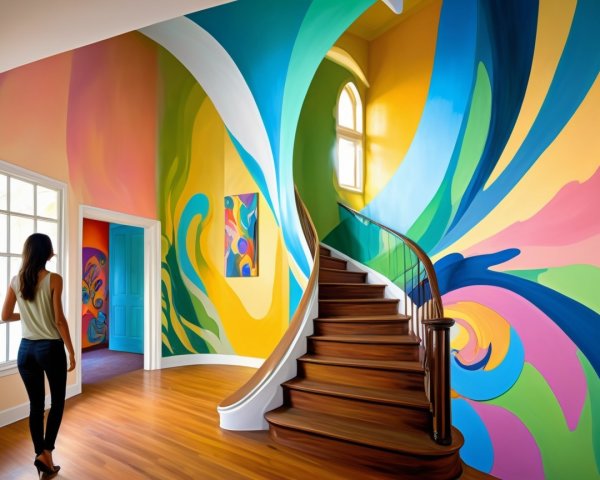 Vibrant Murals on Spiral Staircase Walls with Sunlight