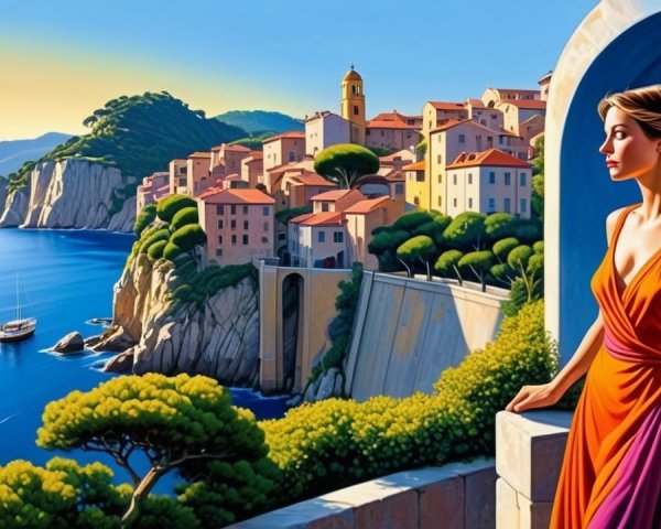 Coastal Scene with Woman in Orange Dress by Bay