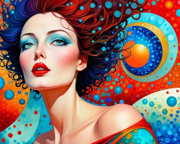 Vibrant Woman with Red and Black Hair in Abstract Art