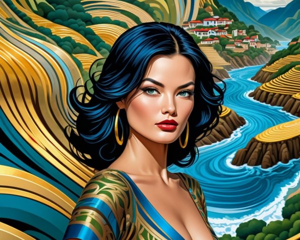 Stunning Woman in Vibrant Dress Against Scenic Landscape