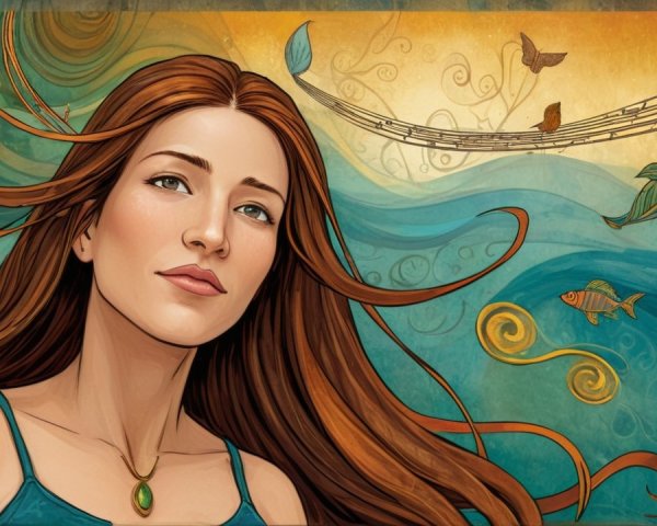 Serene Woman Surrounded by Vibrant Blue Waves and Notes