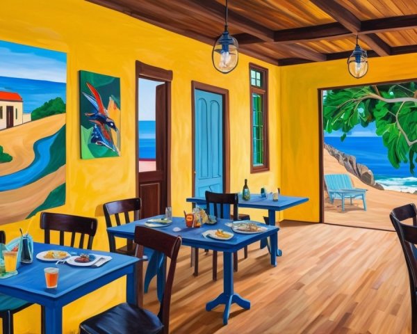 Coastal Restaurant with Colorful Decor and Ocean View