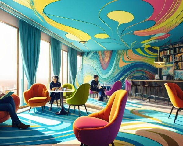 Psychedelic Lounge with Colorful Swirls and Mural