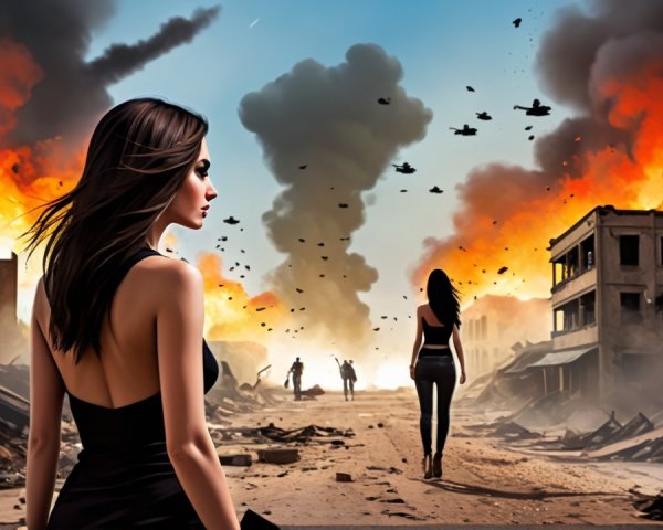 Figures in Black Dresses in War-Torn Urban Landscape