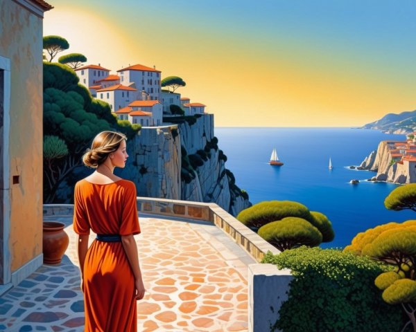 Woman in Red Dress on Coastal Terrace View