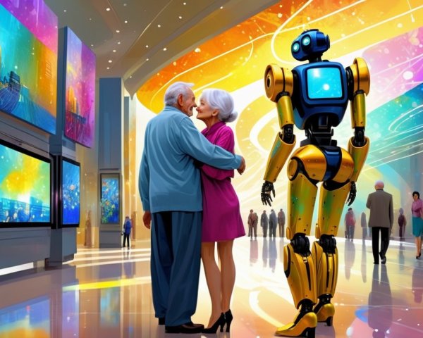 Elderly Couple Embracing in Futuristic Art Gallery