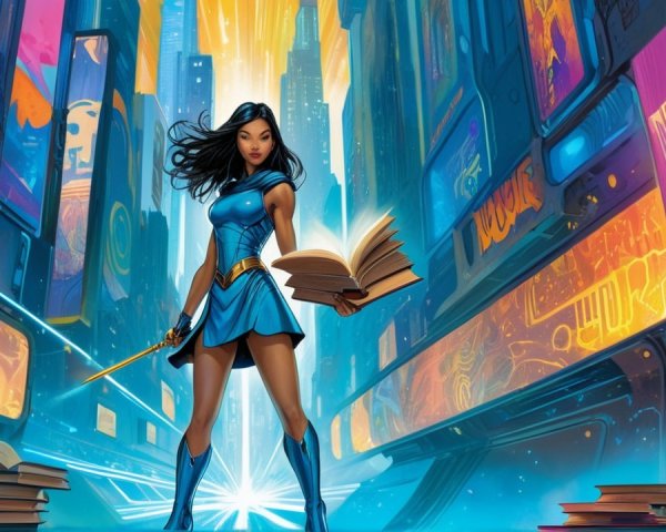 Futuristic cityscape with a guardian of knowledge