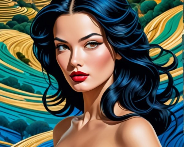 Striking Woman in Vibrant Dress Against Scenic Landscape