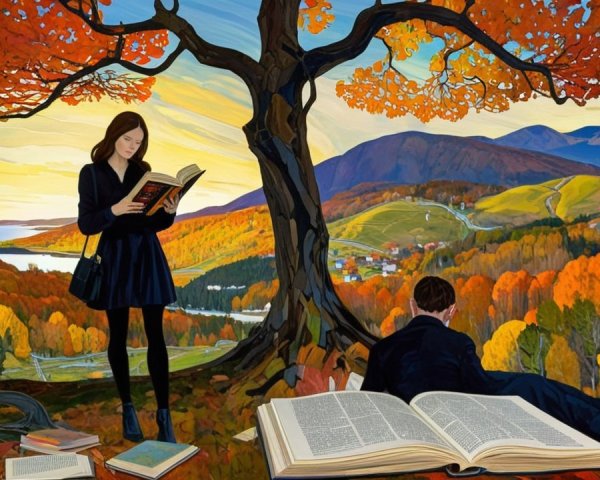 Autumn Landscape with Readers Under a Colorful Tree