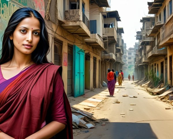 Young Woman in Maroon Sari on Dusty Urban Street