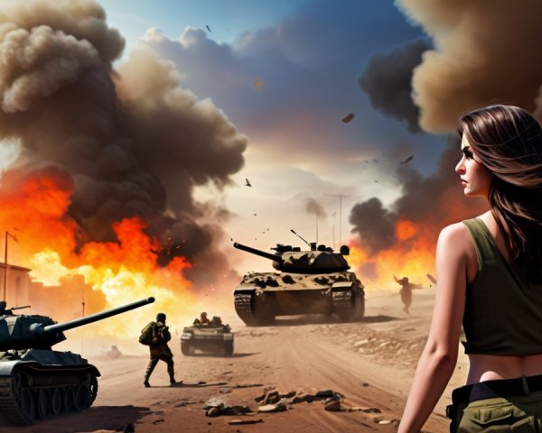 Dramatic Battlefield Scene with Military Action and Chaos